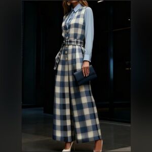 Plaid Wide-Leg Jumpsuit with Belt - Blue/Cream